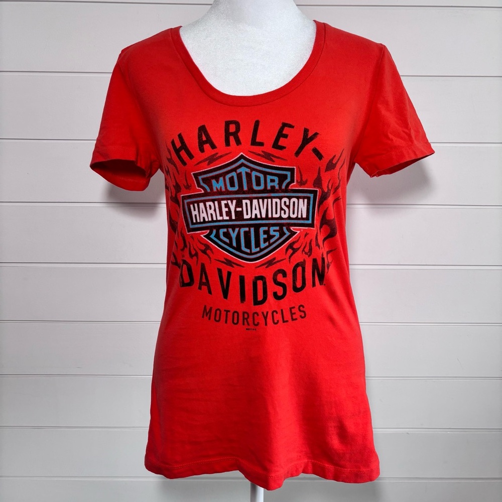 Harley Davidson Y2K BARNETT EL PASO TEXAS Flame Logo Shirt‎ Top Orange Size S